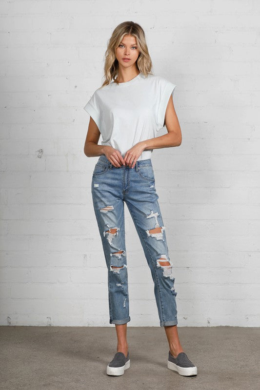Mid Rise Heavy Destroyed Jeans