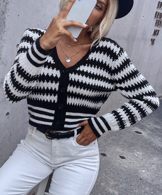 Black and White  Button Up Drop Shoulder Cardigan