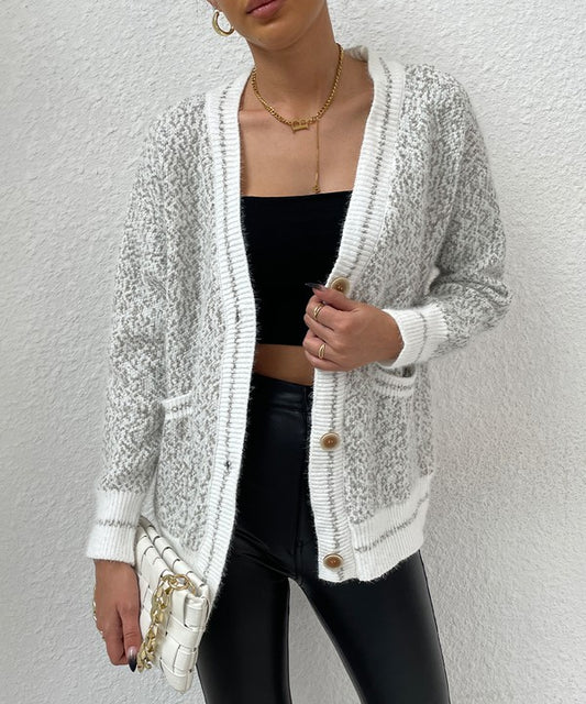 White and Gray Frenchy Marled Knit Cardigan
