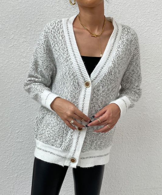 White and Gray Frenchy Marled Knit Cardigan