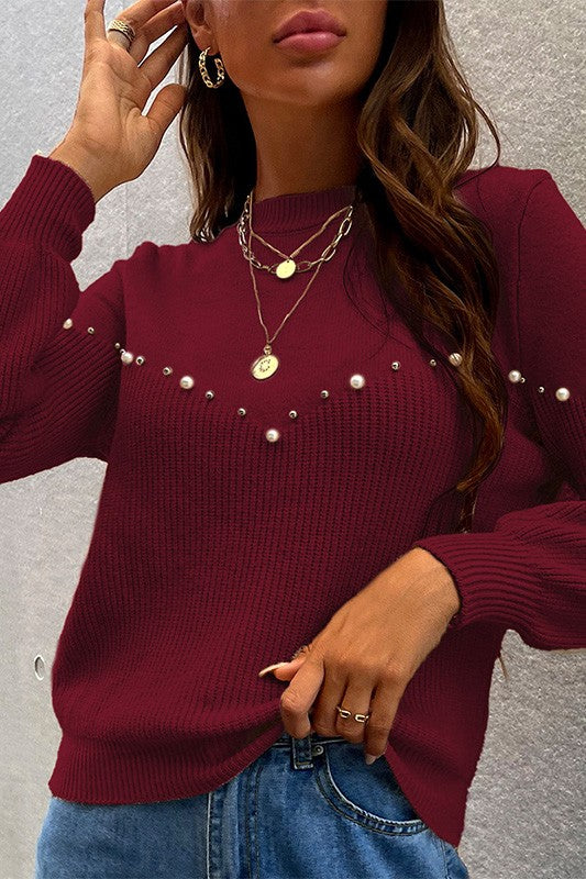 Red Essence Pearls Beaded Sweater