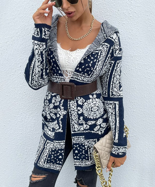 navy blue floral pattern hooded cardigan