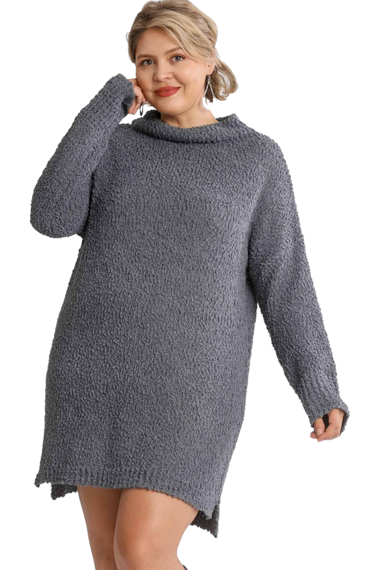 High Cowl Neck Bouclé Long Sleeve Sweater Dress