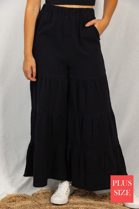 Ruffle Tiered Pull on Pants in Black