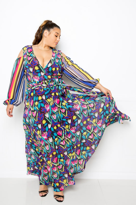 Eclectic Elegance Multi-Print Chiffon Maxi Dress