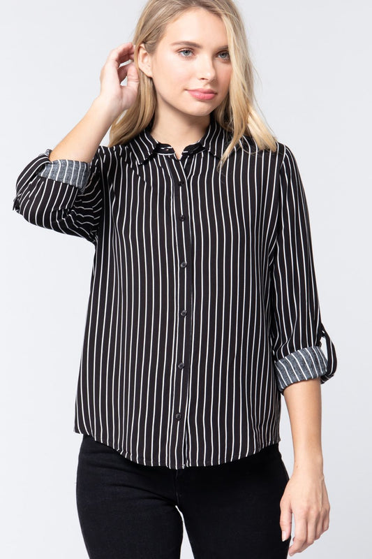 Striped Elegance 3/4 Roll Up Sleeve Print Shirt