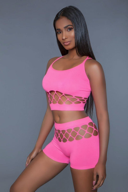 2 pc silk fishnet set criss-cross cami straps and a pair of high waisted booty shorts