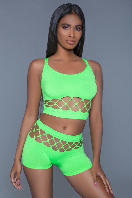 2 pc silk fishnet set criss-cross cami straps and a pair of high waisted booty shorts.