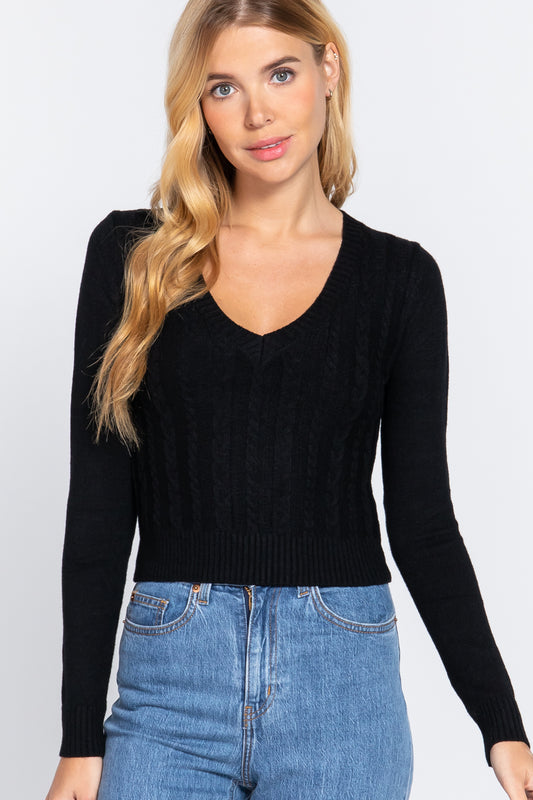 Classic Comfort Long Sleeve V-neck Cable Sweater