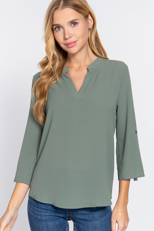 Classic Charm 3/4 Roll Up Sleeve Woven Blouse