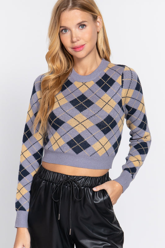 Cozy Chic Argyle Jacquard Crop Sweater